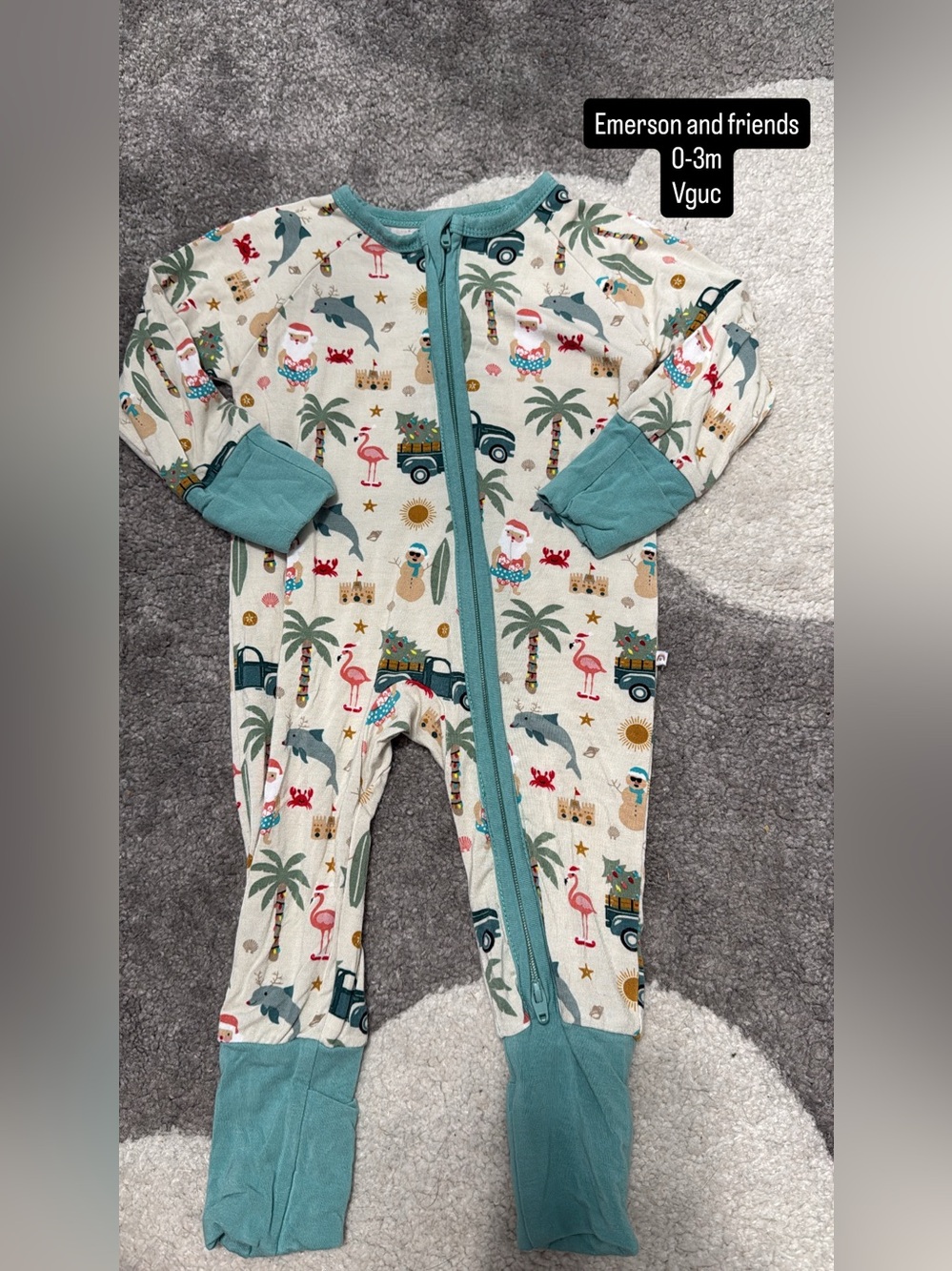 Emerson and friends coastal Christmas Teal-Trim Infant Footie One-Piece